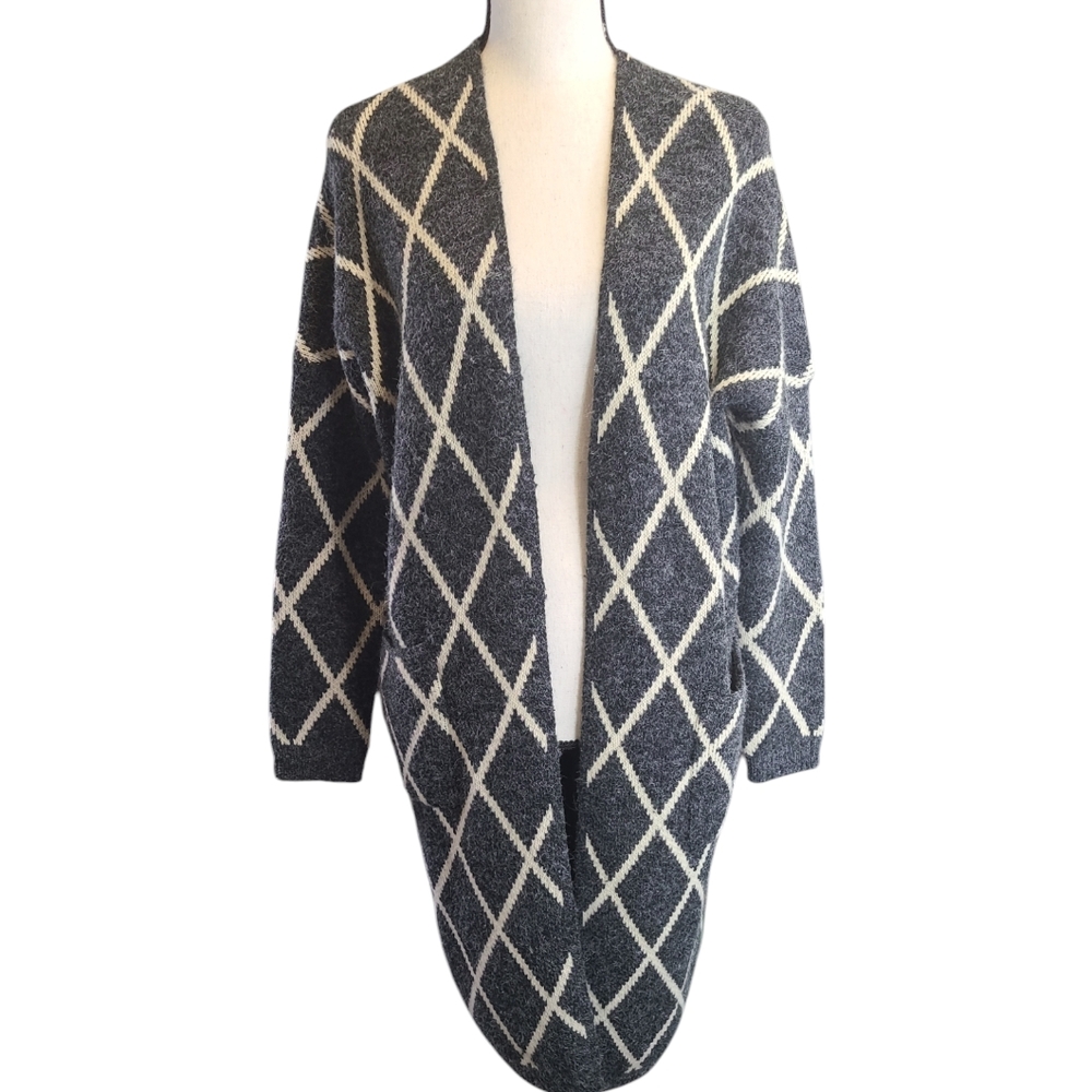 LA VIE 89 Grey Diamond Pattern Long Length Cardigan Sweater Size M/L